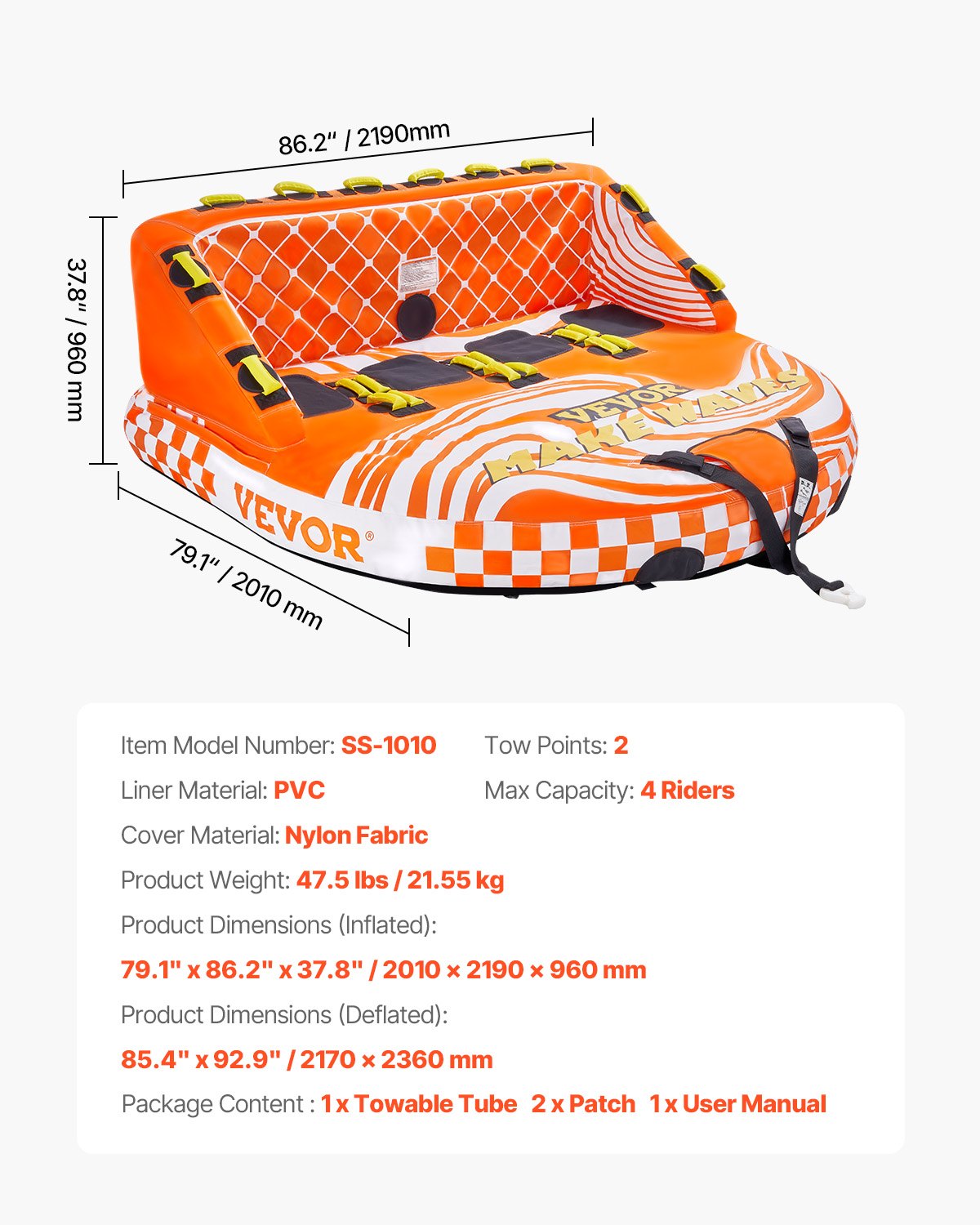Towable Tube for Boating, 1-4 Riders Inflatable Boat Tubes and Towables, 680lbs Water Sport Towable Tube for Boat to Pull - with Full Nylon Cover, 22 Grab Handles, Dual Tow Points & Safety Valve