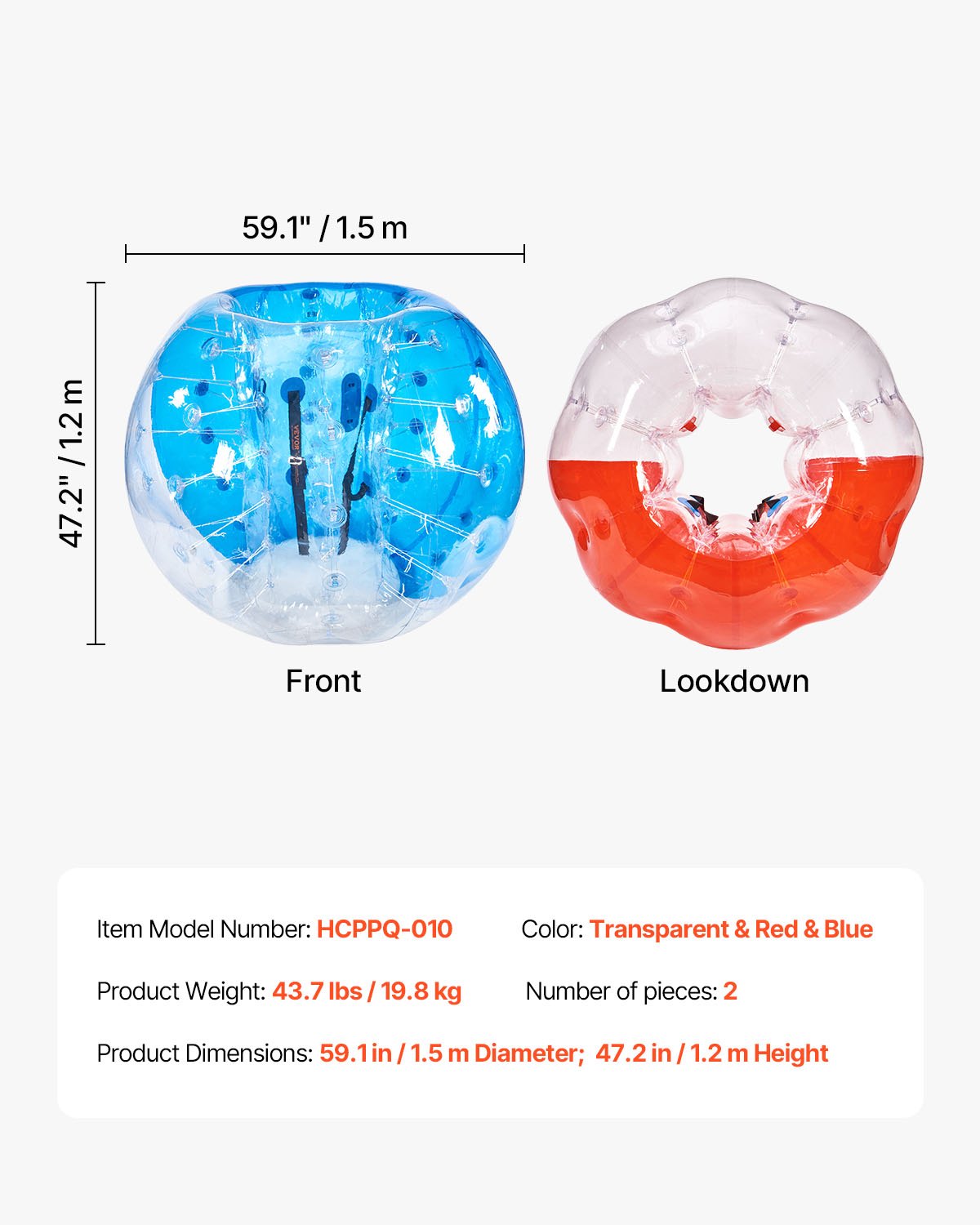 Uppblåsbara Bumper Balls 2-pack, 5FT/1.5M Body Sumo Zorb-bollar för tonåringar och vuxna, 0.8mm tjocka PVC-mänskliga hamsterbubbelbollar för utomhuslek, Bumper Bopper-leksaker för trädgård, gård, park