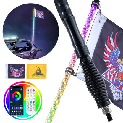 1 PC 3 FT Whip Light with Spring Base, Led Whip Light with APP & Remote Control, Waterproof 360° Spiral RGB Chasing Lighted Whip with 2 Flags, for UTVs, ATVs, Motorcycles, RZR, Can-am, Go-karts