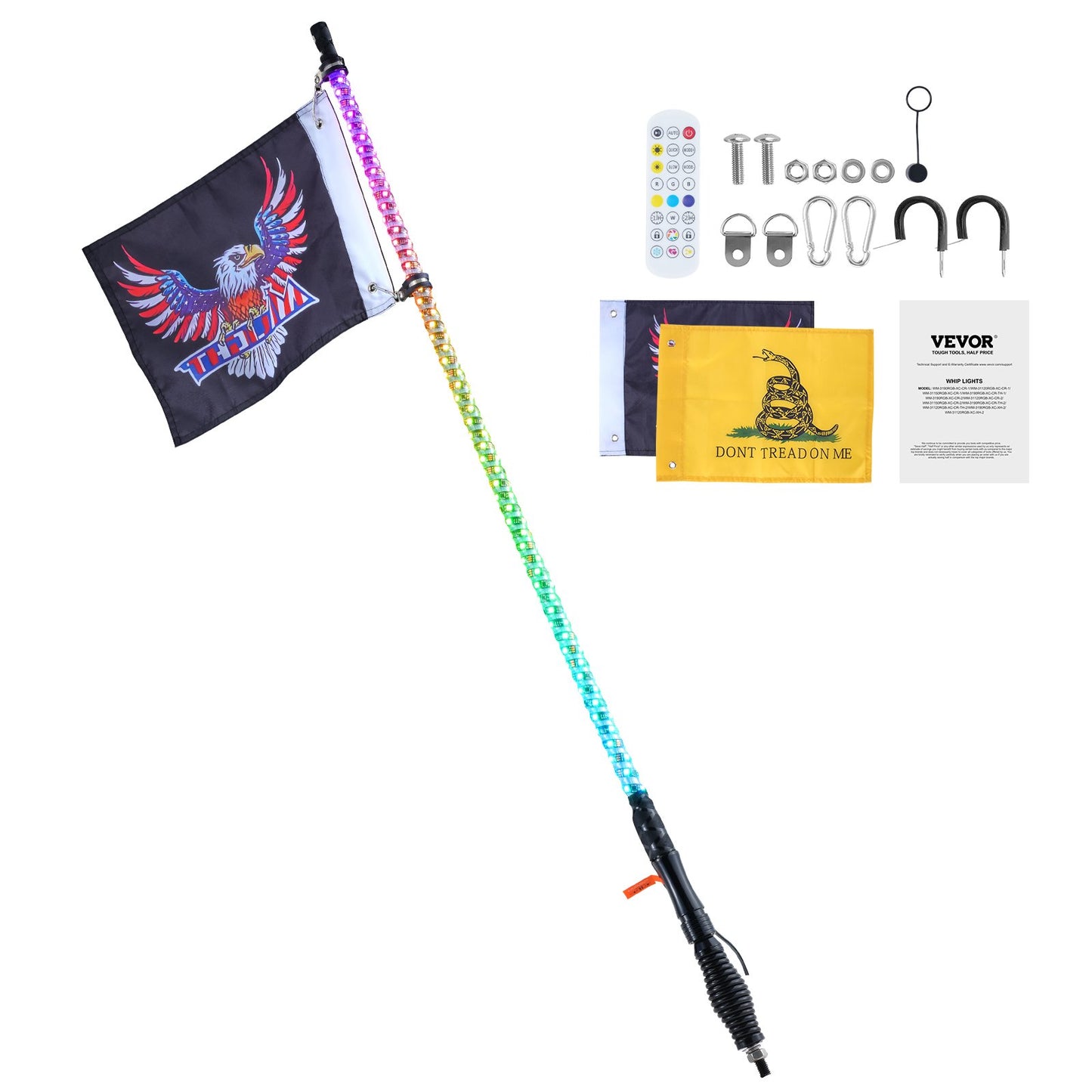 1 PC 3 FT Whip Light with Spring Base, Led Whip Light with APP & Remote Control, Waterproof 360° Spiral RGB Chasing Lighted Whip with 2 Flags, for UTVs, ATVs, Motorcycles, RZR, Can-am, Go-karts