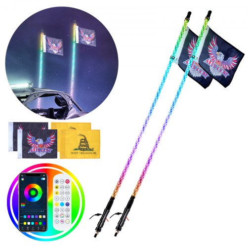 LED Whip Light 2PCS 0.91 m RGB Spiral Antenna Light Remote App ATV UTV RZR