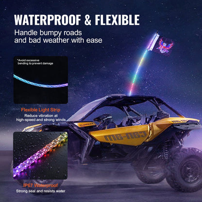 1 PC 4 FT Whip Light, APP & RF Remote Control Led Whip Light, Waterproof 360°Spiral RGB Chasing Lighted Whips with 2 Flags, for UTVs, ATVs, Motorcycles, RZR, Can-am, Trucks, Off-road, Go-karts