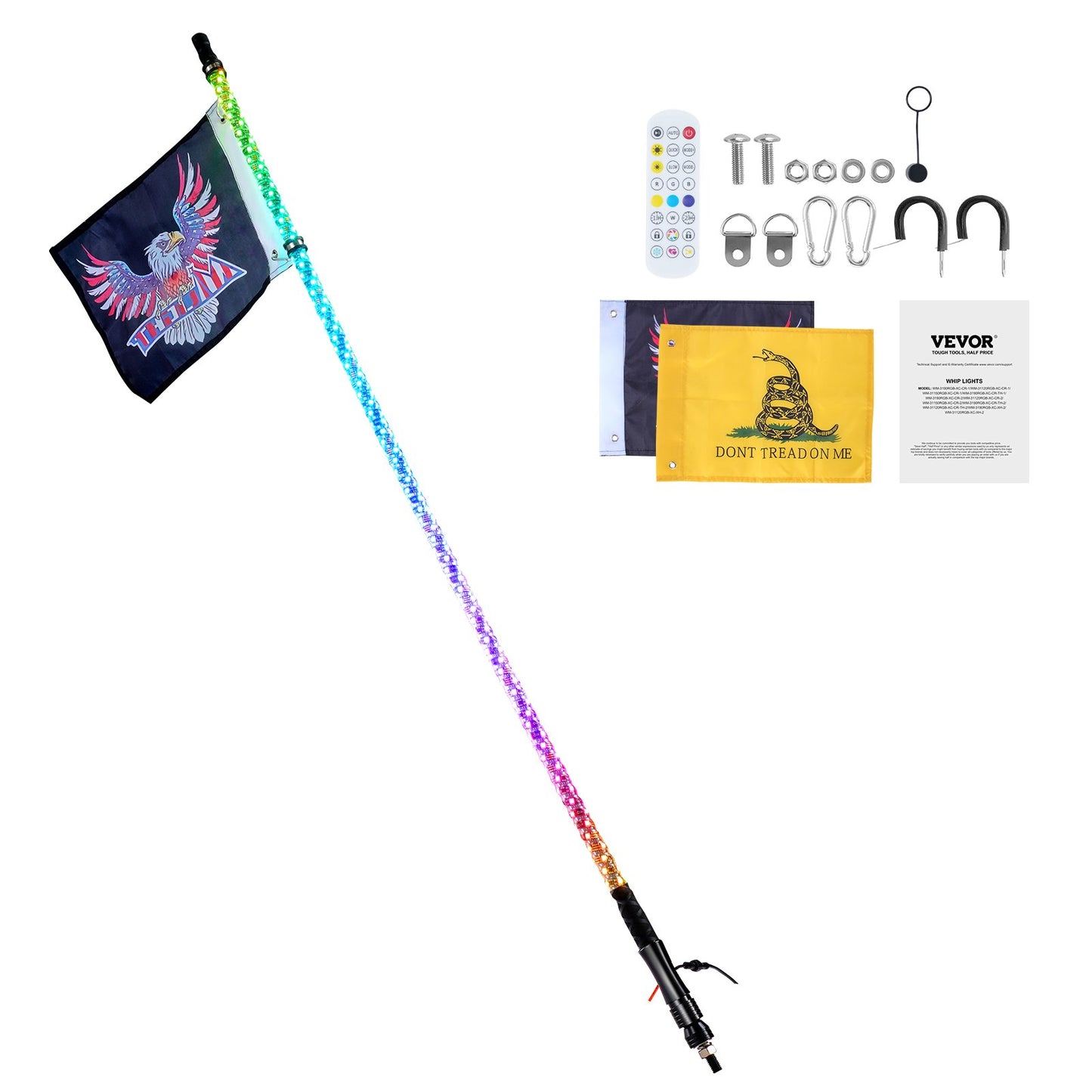 1 PC 5 FT Whip Light, APP & RF Remote Control Led Whip Light, Waterproof 360°Spiral RGB Chasing Lighted Whips with 2 Flags, for UTVs, ATVs, Motorcycles, RZR, Can-am, Trucks, Off-road, Go-karts