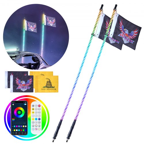 2 PCS 5 FT Whip Light, APP & RF Remote Control Led Whip Light, Waterproof 360° Spiral RGB Chasing Lighted Whips with 4 Flags, for UTVs, ATVs, Motorcycles, RZR, Can-am, Trucks, Off-road, Go-karts