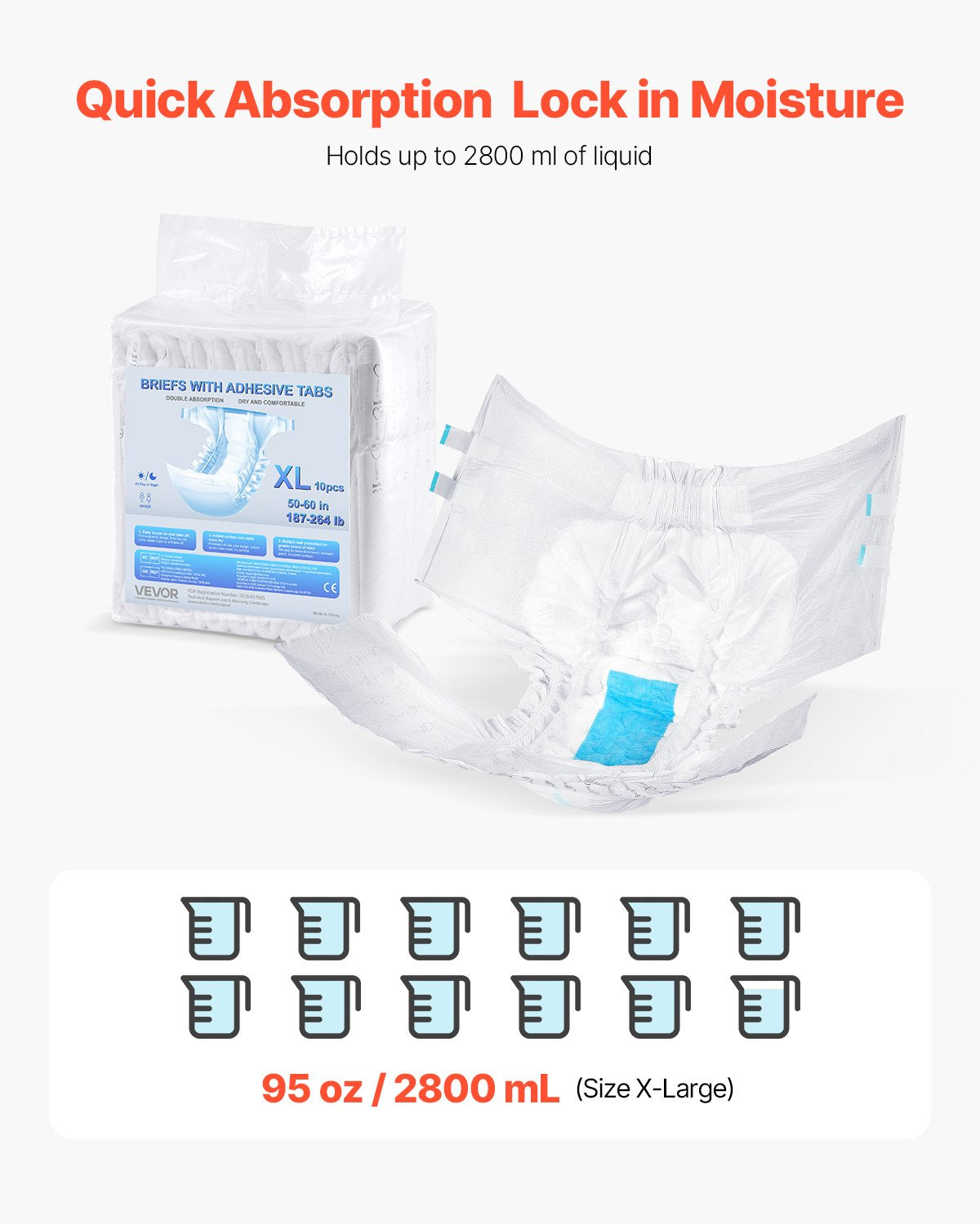 Adult Briefs with Tabs, Super Absorbent Incontinence Briefs for Men and Women, Disposable Adult Diapers with Leakproof 3D Surround Guard & Wetness Indicator - XL Size, 40 Count (4 Packs of 10)