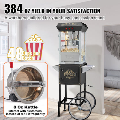 Popcorn Maker with Cart, 850W Popcorn Popper Machine, 8 Oz Kettle Makes 48 Cups per Batch, Popcorn Maker Equipped with Tempered Glass, Includes 4 Scoops, Movie Theater Style, Black