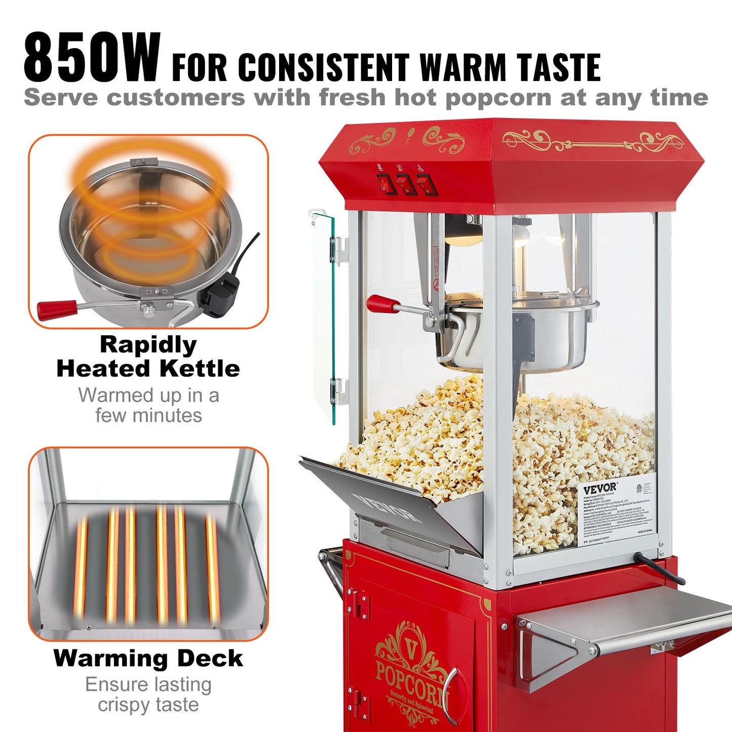 Popcorn Maker with Cart, 850W Popcorn Popper Machine, 8 Oz Kettle Makes 48 Cups per Batch, Popcorn Maker Equipped with Tempered Glass, Includes 4 Scoops, Movie Theater Style, Red