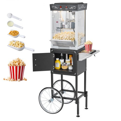 Popcornmaskin med vagn, 0,2 kg vattenkokare i rostfritt stål, 800 W kommersiell popcornmaskin, 48 koppar per sats, popper i teaterstil, med 2-knappskontroll, glasvägg, PC-dörr, 1 skopa, 3 skedar, svart