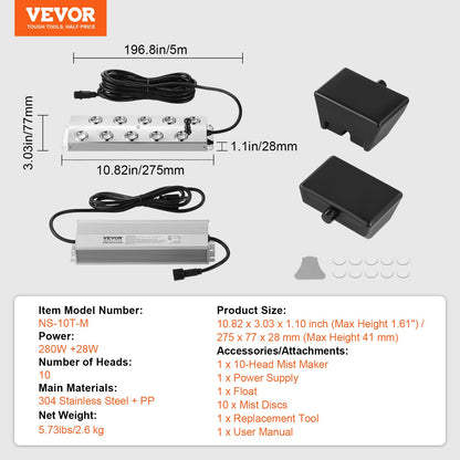 Ultrasonic Mist Maker 10 Head, 7000mL/H Ultrasonic Fogger, Mist Maker with 280W IP67 Waterproof Power Supply, Buoy, Replacement Discs, for Pond, Garden, Rockery, Greenhouse, Halloween Decoration