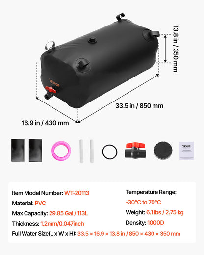 Vattenlagringsblåsa, 113L vattenlagringsbehållare, 1000D PVC förtjockad mjuk påseblåsa, hopfällbar och bärbar för trädgårdsbevattning, camping, husbilar, nödanvändning - svart
