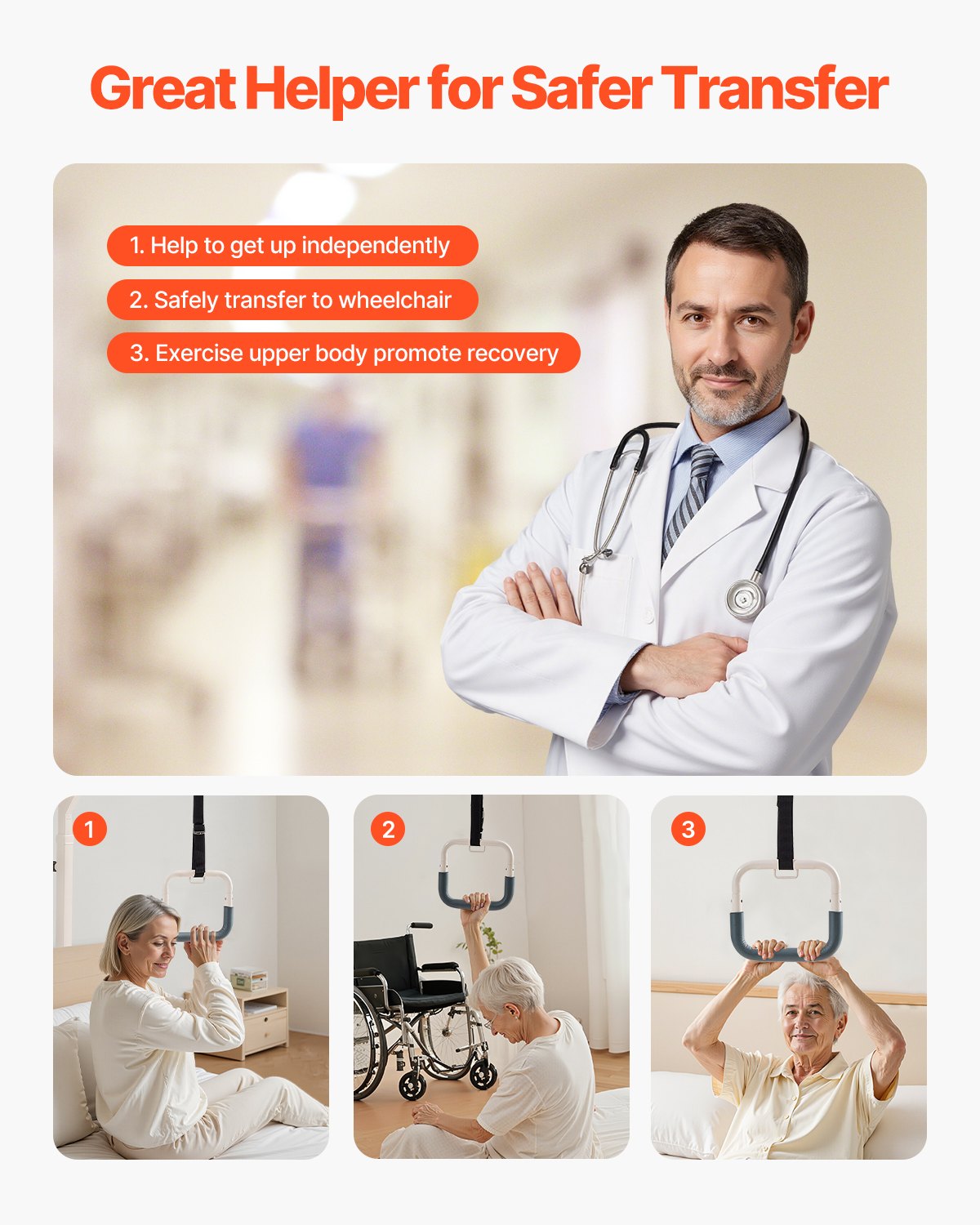 Trapeze Bar for Bed Mobility, Height-Adjustable Bed Trapeze with 2 Casters, 350LBS Weight Capacity Heavy Duty Pull Up Assist Bar with Floor Stand for Elderly, Disabled, Bedridden Patients