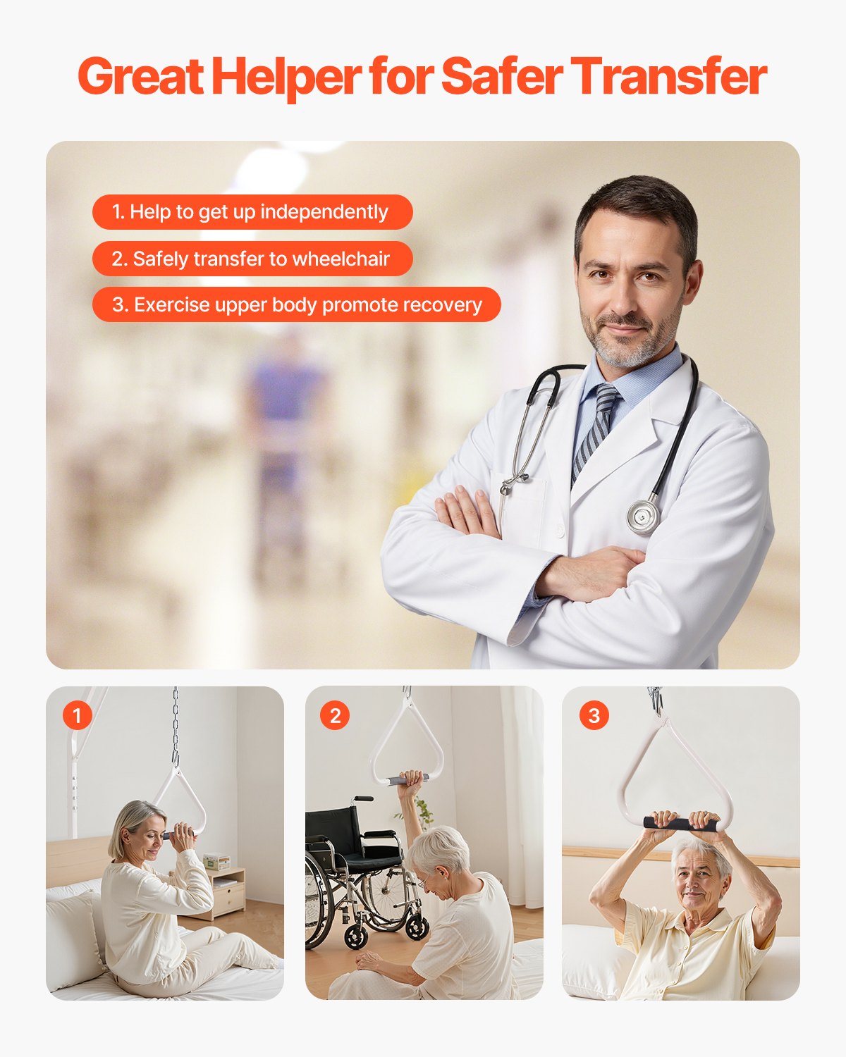 Trapetsstång för sängmobilitet, sängtrapets med klämmor och golvstativ, viktkapacitet 250 kg pull up-stång för äldre, patienter och funktionshindrade, lämplig för hemsjukvård, sjukhus, vårdhem