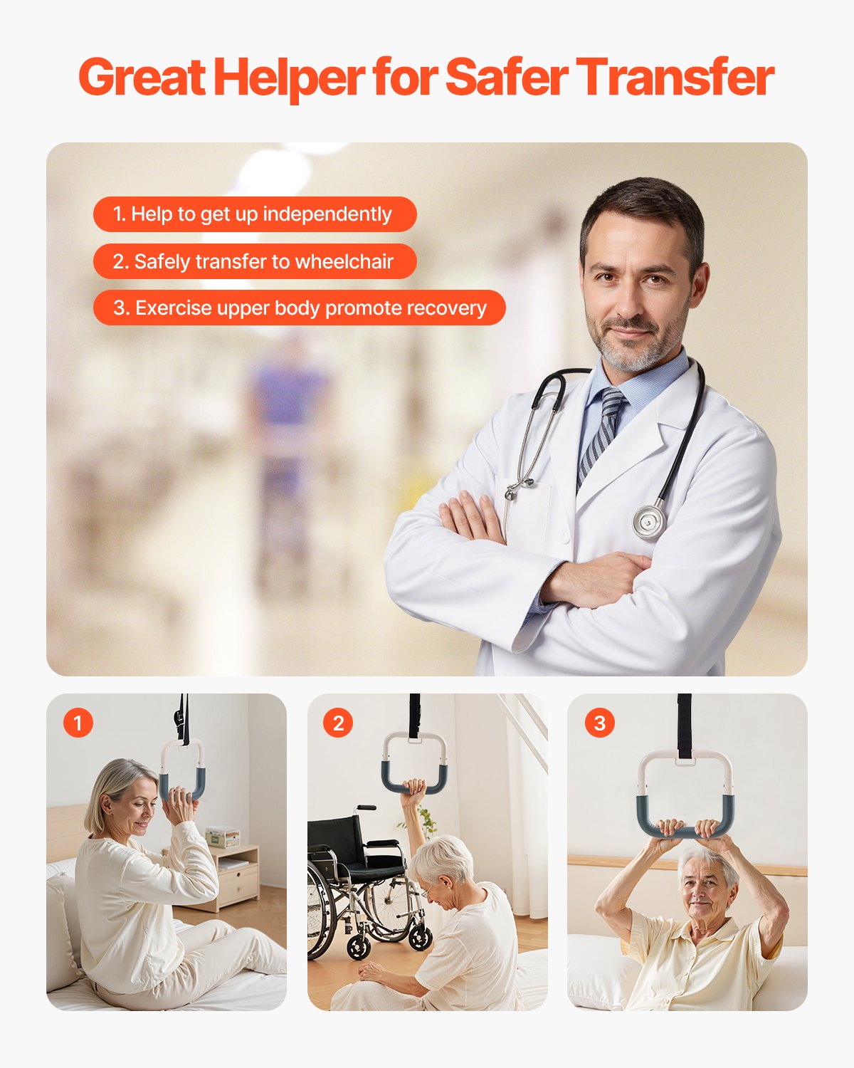 Trapeze Bar for Bed Mobility, Height-Adjustable Free Standing Trapeze Bar with 2 Wheels, 300LBS Capacity Bed Pull Up Assist for Elderly Disabled, Ideal for Hospital, Nursing Home & Home Care