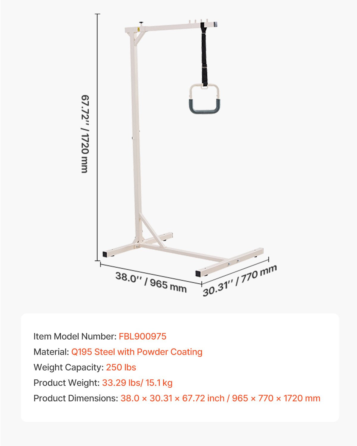Trapeze Bar for Bed Mobility, Heavy-Duty Steel Free Standing Trapeze Bar 250 LBS Weight Capacity, Hospital Bed Pull Up Assist for Elderly & Disabled, Ideal for Hospitals, Nursing Home, Home Care