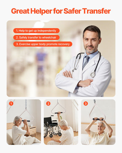 Trapetsstång för sängmobilitet, medicinsk sängtrapets med klämmor och metallkedja, viktkapacitet 250 kg pull up-stång för äldre och funktionshindrade, idealisk för hemsjukvård, sjukhus, vårdhem