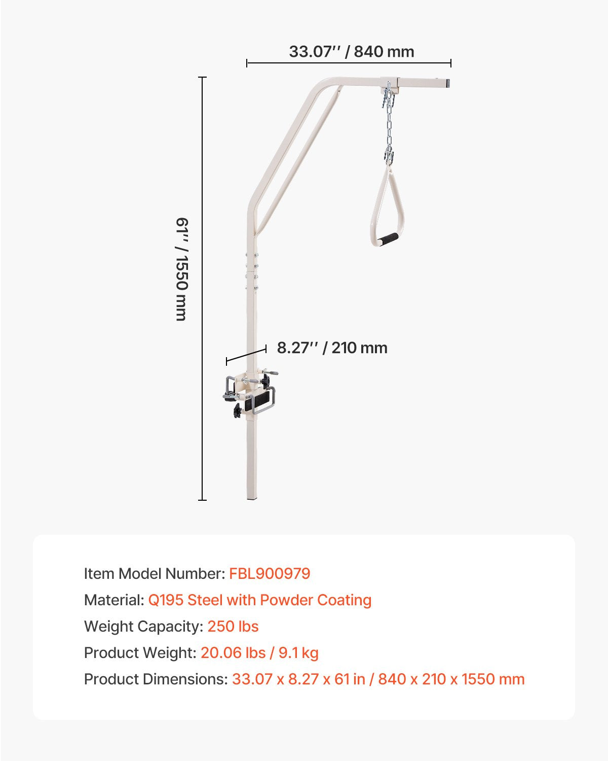Trapetsstång för sängmobilitet, medicinsk sängtrapets med klämmor och metallkedja, viktkapacitet 250 kg pull up-stång för äldre och funktionshindrade, idealisk för hemsjukvård, sjukhus, vårdhem