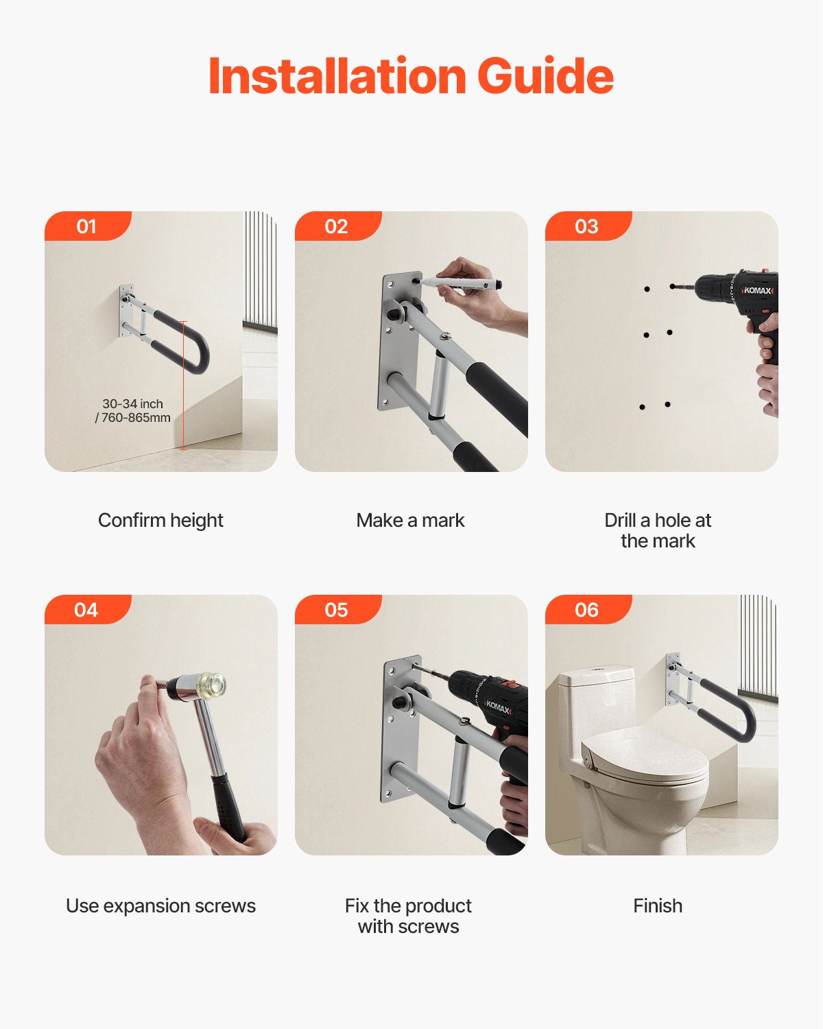 Toilet Safety Rail, 23.8 Inch U-Shaped Handicap Grab Bar, Foldable Senior Safety Pole, Flip Up Toilet Grab Bar with Anti-Slip Support Handle, 300 Lb Load Capacity for Elderly, Disabled, Pregnant