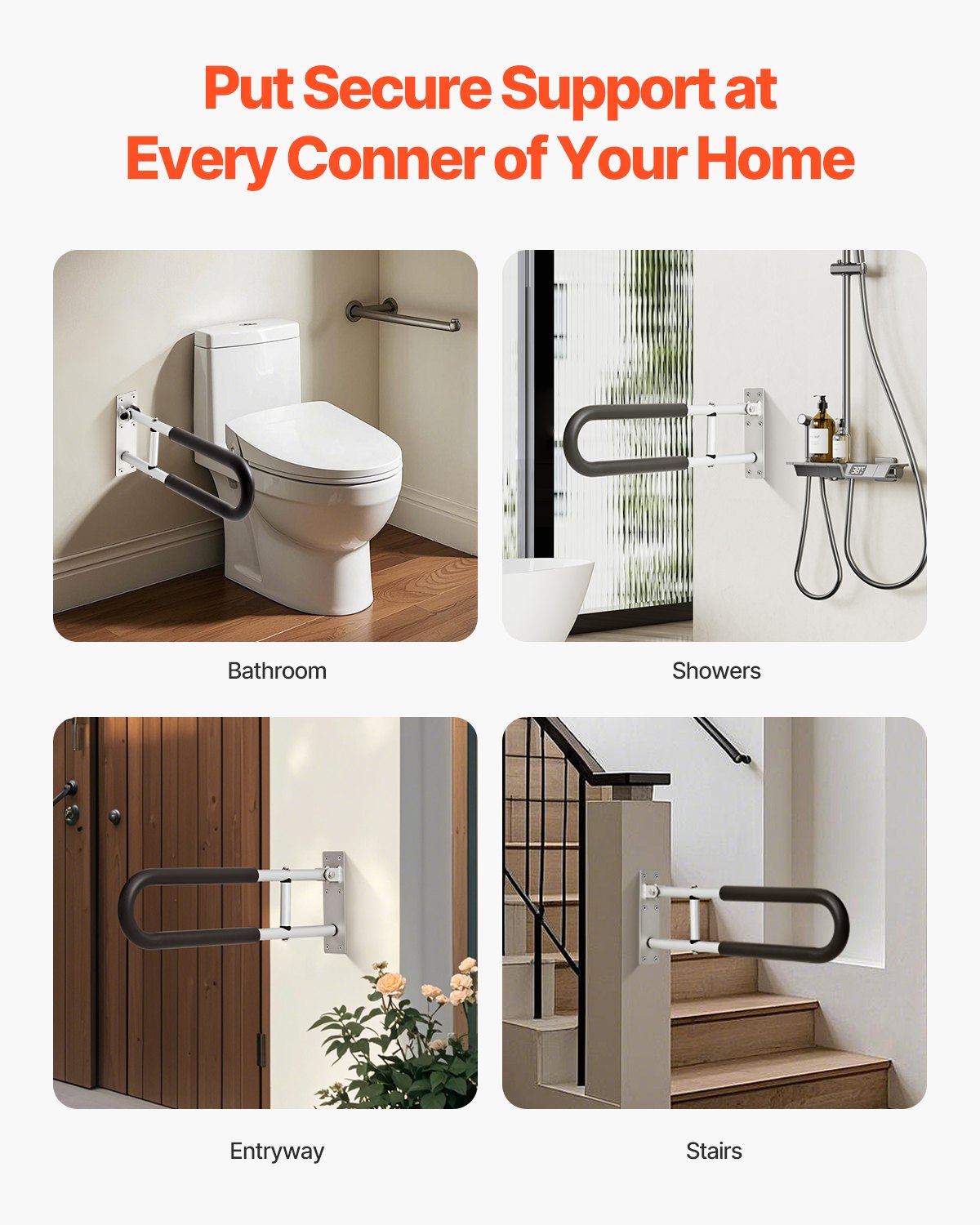 Toilet Safety Rail, 23.8 Inch U-Shaped Handicap Grab Bar, Foldable Senior Safety Pole, Flip Up Toilet Grab Bar with Anti-Slip Support Handle, 300 Lb Load Capacity for Elderly, Disabled, Pregnant