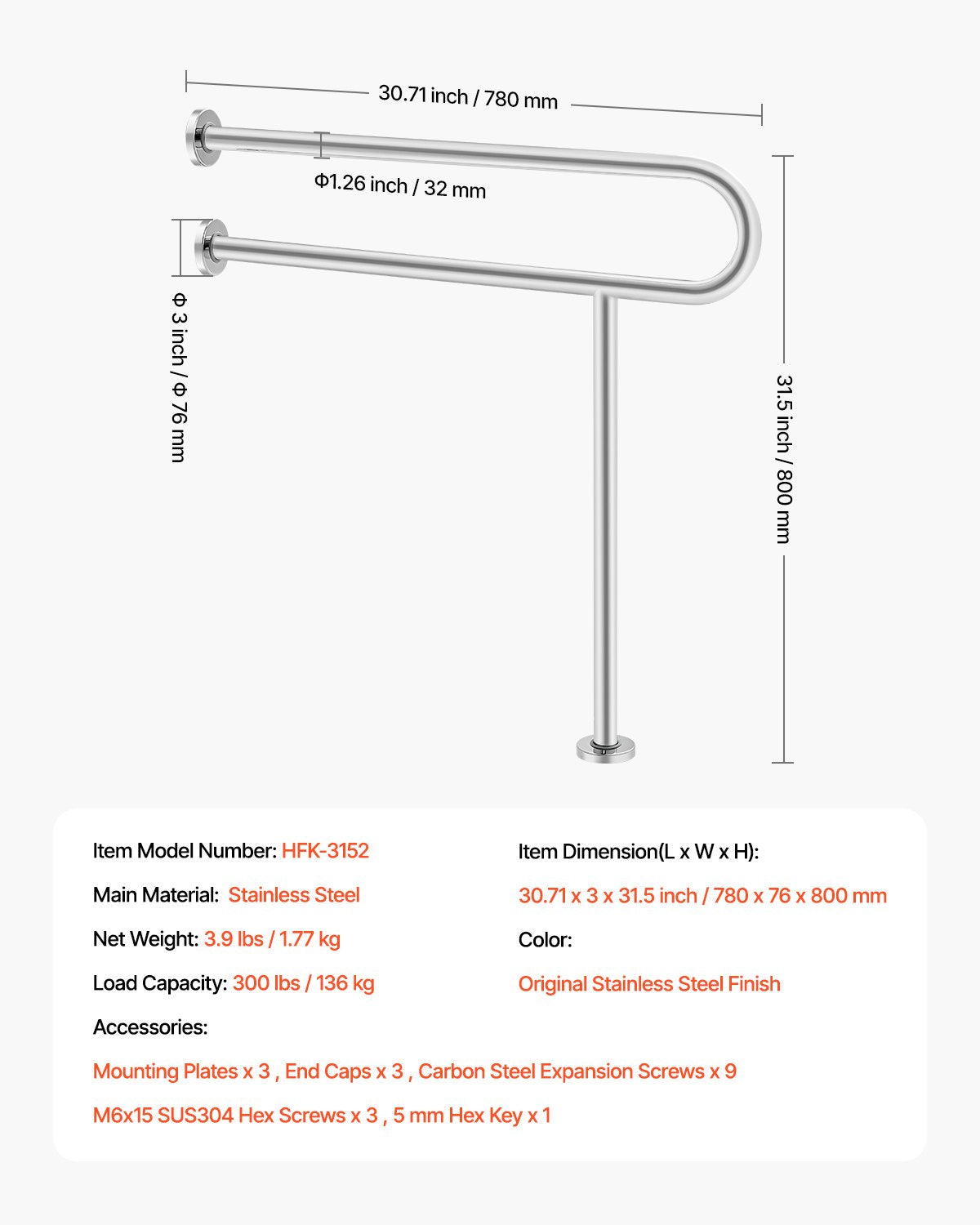 Toilet Safety Rail, 31.5 Inch U-Shaped Handicap Grab Bar, 304 Stainless Steel Senior Safety Pole, Toilet Grab Bars with Anti-Slip Handle, 300 Lbs Load Capacity Security Handrail with Support Leg