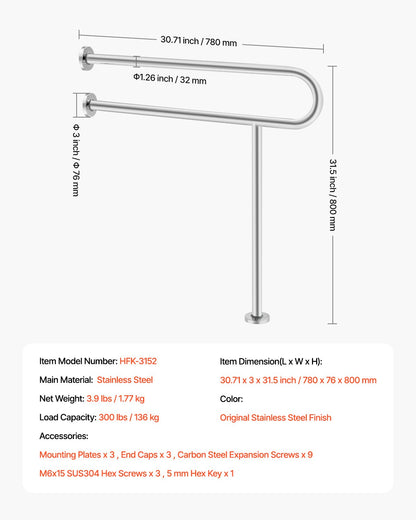 Toilet Safety Rail, 31.5 Inch U-Shaped Handicap Grab Bar, 304 Stainless Steel Senior Safety Pole, Toilet Grab Bars with Anti-Slip Handle, 300 Lbs Load Capacity Security Handrail with Support Leg