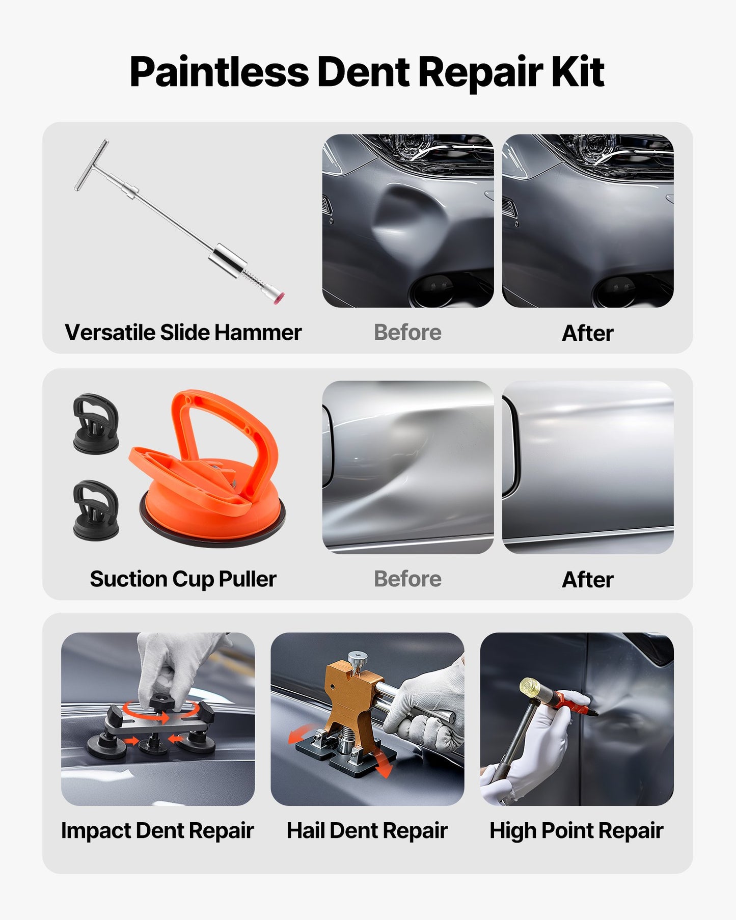 Bucklorborttagningssats, 100 st. lackfri bucklorborttagningssats med gyllene lyftare, bryggavdragare, glidhammare, limpistol, verktyg för borttagning av hagelskador på bilkarosser för reparation av bucklor i bilkylskåpsdörr