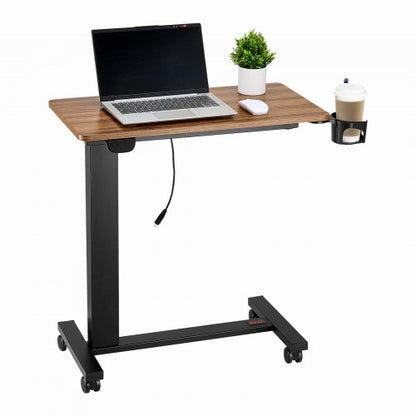 Overbed Table, Mobile Bed Side Table with 4 Wheels, Electric Lifting with Upgrade Button, Rolling Laptop Desk with Cup Holder, Height Adjustable Overbed Desk for Home, Office, Study, Wood+Black