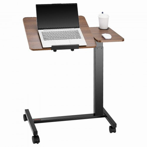 Overbed Table, Mobile Bed Side Table with Flip Desktop and 4 Wheels, Height & Angle Adjustable Rolling Laptop Desk with Cup Holder, Portable Over Bed Desk for Home, Office, Study, Wood + Black