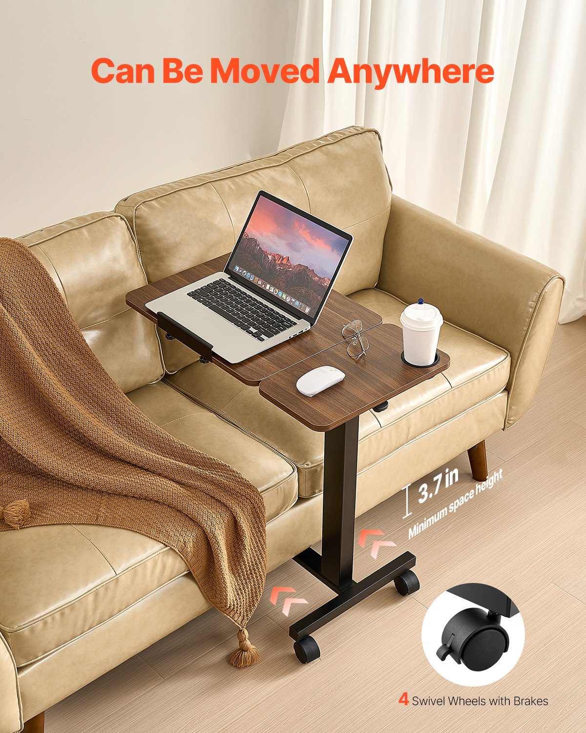 Overbed Table, Mobile Bed Side Table with Flip Desktop and 4 Wheels, Height & Angle Adjustable Rolling Laptop Desk with Cup Holder, Portable Over Bed Desk for Home, Office, Study, Wood + Black