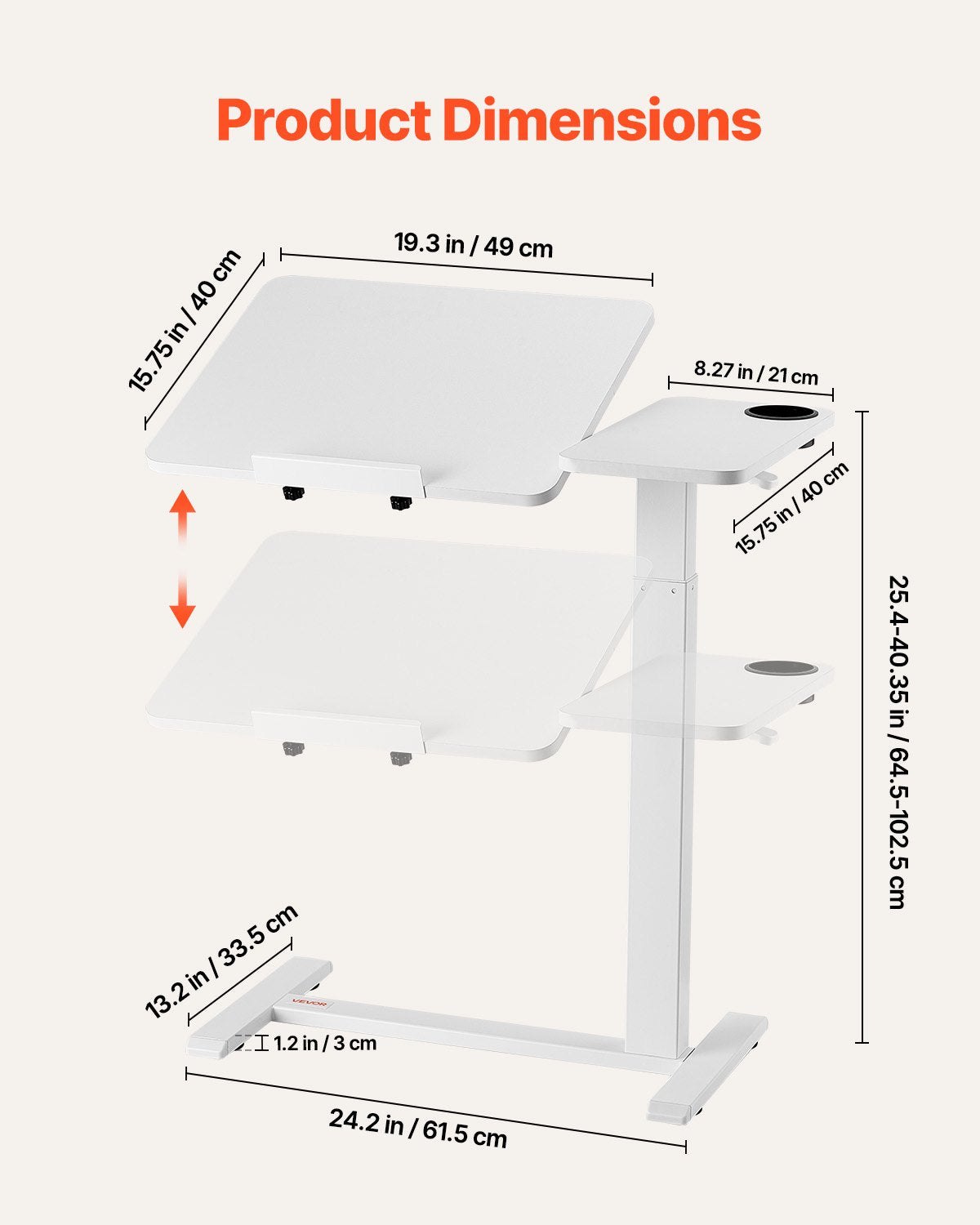 Översängsbord, mobilt sängbord med fällbart skrivbord och 4 dolda hjul, höjd- och vinkeljusterbart rullande laptopskrivbord med mugghållare, bärbart översängsbord för hem, kontor, studier, vit