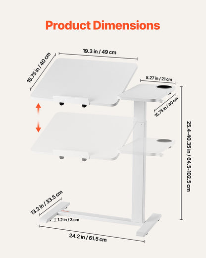 Översängsbord, mobilt sängbord med fällbart skrivbord och 4 dolda hjul, höjd- och vinkeljusterbart rullande laptopskrivbord med mugghållare, bärbart översängsbord för hem, kontor, studier, vit