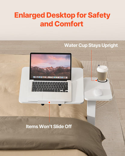 Översängsbord, mobilt sängbord med fällbart skrivbord och 4 dolda hjul, höjd- och vinkeljusterbart rullande laptopskrivbord med mugghållare, bärbart översängsbord för hem, kontor, studier, vit