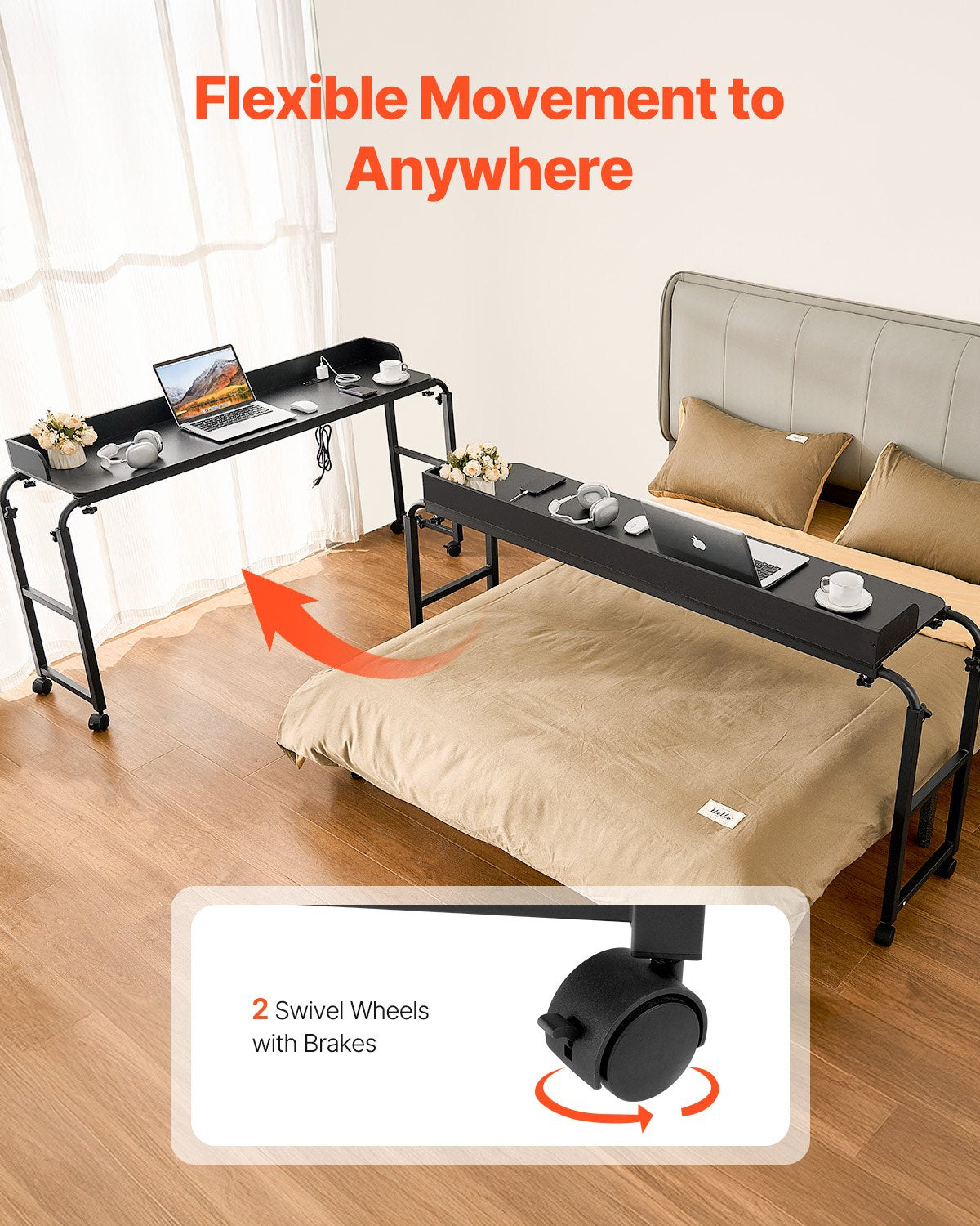 Översängsbord, mobilt sidobord med 4 hjul (2 med bromsar) och eluttag, höjdjusterbart rullande laptopskrivbord, bärbart spånskivsbord över sängen för hem, kontor, studier, svart