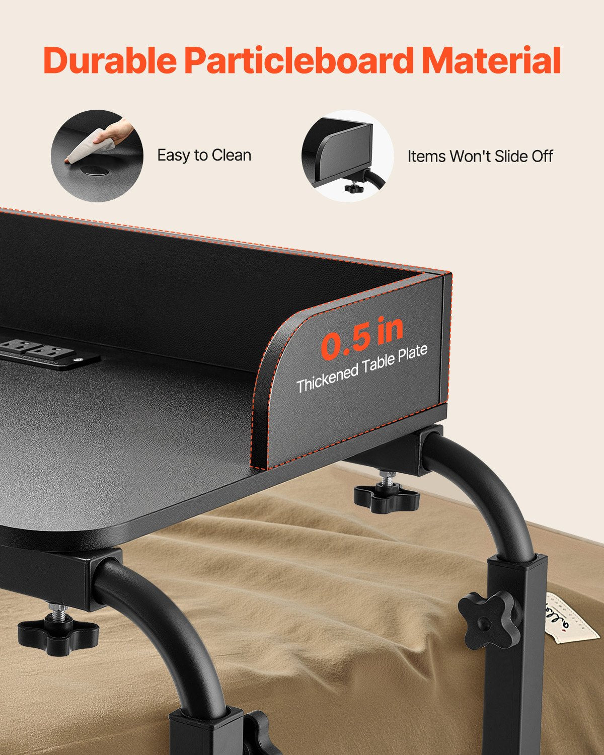 Översängsbord, mobilt sidobord med 4 hjul (2 med bromsar) och eluttag, höjdjusterbart rullande laptopskrivbord, bärbart spånskivsbord över sängen för hem, kontor, studier, svart