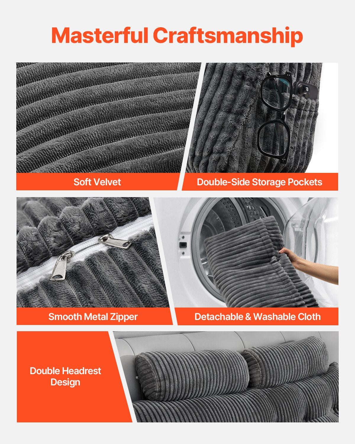 Kudde för huvudgavel, kilformad huvudgavelkudde i king size-storlek med 2 sidofickor och 2 nackstöd, kilformad kudde med tvättbar flanellduk, för läsning, spel, vila, arbete i sängen, grå