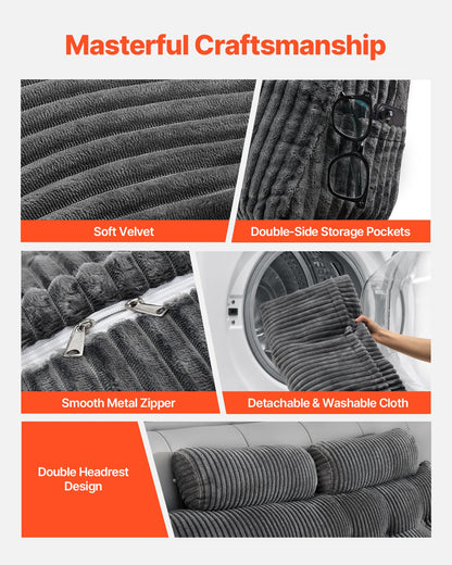 Kudde för huvudgavel, kilformad huvudgavelkudde i queen size med 2 sidofickor och 2 nackstöd, kilformad kudde med tvättbar flanellduk, för läsning, spel, vila, arbete i sängen, grå