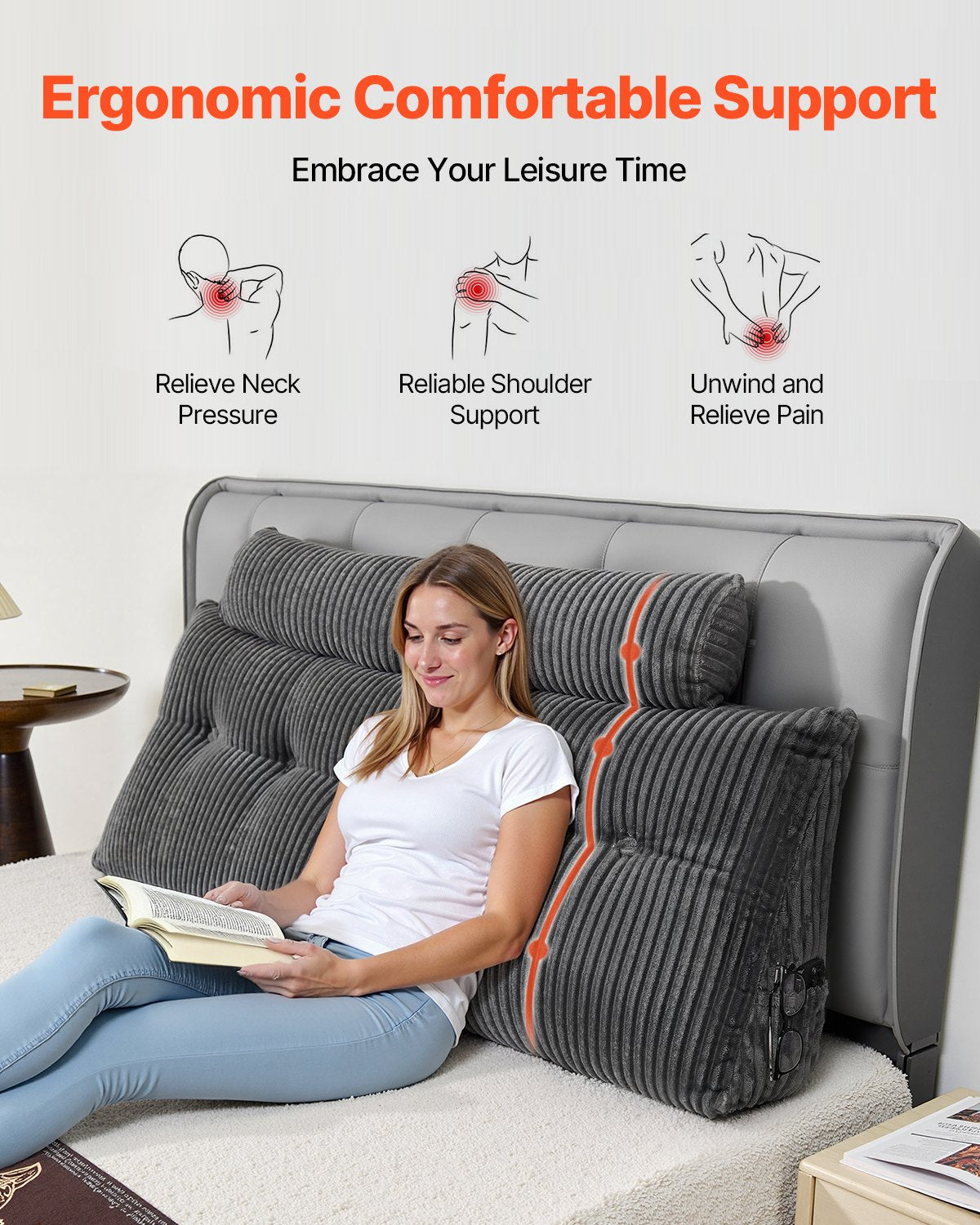 Kudde för huvudgavel, kilformad huvudgavelkudde i queen size med 2 sidofickor och 2 nackstöd, kilformad kudde med tvättbar flanellduk, för läsning, spel, vila, arbete i sängen, grå