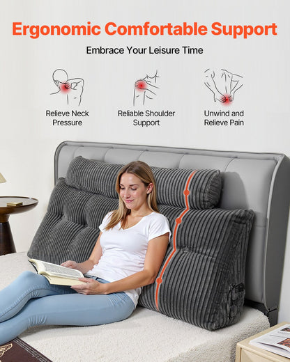 Kudde för huvudgavel, kilformad huvudgavelkudde i queen size med 2 sidofickor och 2 nackstöd, kilformad kudde med tvättbar flanellduk, för läsning, spel, vila, arbete i sängen, grå