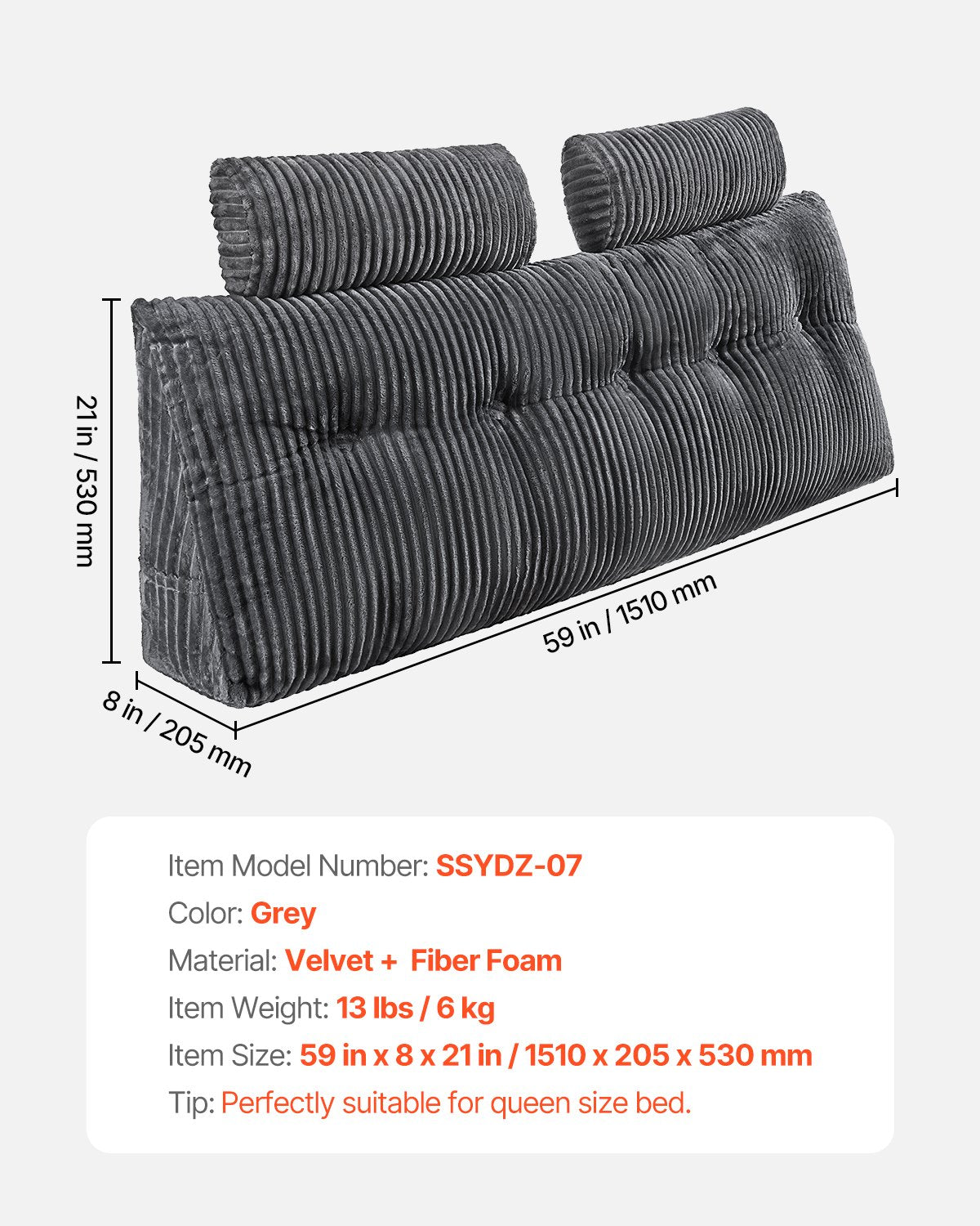 Kudde för huvudgavel, kilformad huvudgavelkudde i queen size med 2 sidofickor och 2 nackstöd, kilformad kudde med tvättbar flanellduk, för läsning, spel, vila, arbete i sängen, grå