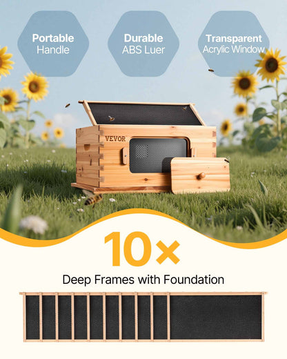 Bee Hive Deep Box Starter Kit, 100% Beeswax Coated Natural Fir Wood, Langstroth Beehive Kit with 10 Frames and Foundations, Transparent Acrylic Bee Windows for Beginners and Pro Beekeepers