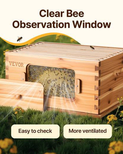 Bee Hive 20 Frame Bee Hives Starter Kit, Beeswax Coated Fir Wood, 1 Deep + 1 Medium Bee Boxes Langstroth Beehive Kit, Transparent Acrylic Windows with Foundations for Beginners Pro Beekeepers