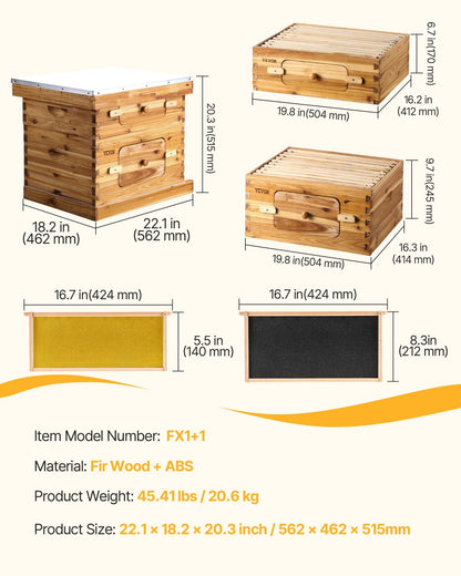 Bee Hive 20 Frame Bee Hives Starter Kit, Beeswax Coated Fir Wood, 1 Deep + 1 Medium Bee Boxes Langstroth Beehive Kit, Transparent Acrylic Windows with Foundations for Beginners Pro Beekeepers