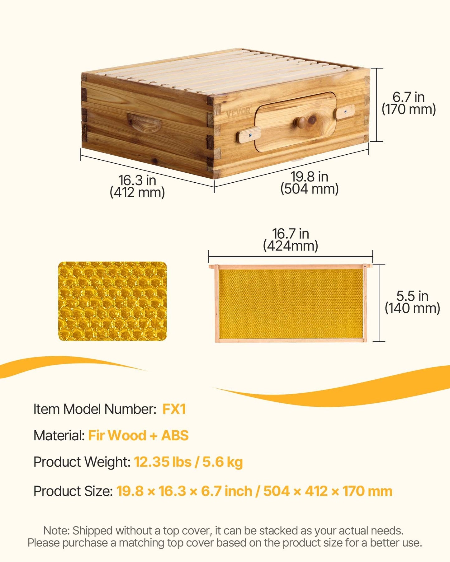 Bee Hive Medium Box Starter Kit, 100% Beeswax Coated Natural Fir Wood, Langstroth Beehive Kit with 10 Frames and Foundations, Transparent Acrylic Bee Windows for Beginners and Pro Beekeepers