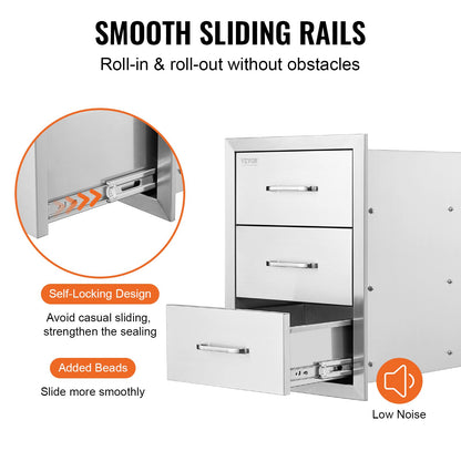 Lådor för utekök 40 cm B x 51 cm H x 46 cm D, Infällda grilllådor med trippel åtkomst och handtag i rostfritt stål, grillö för utekök eller grillö, uteplatsgrillstation