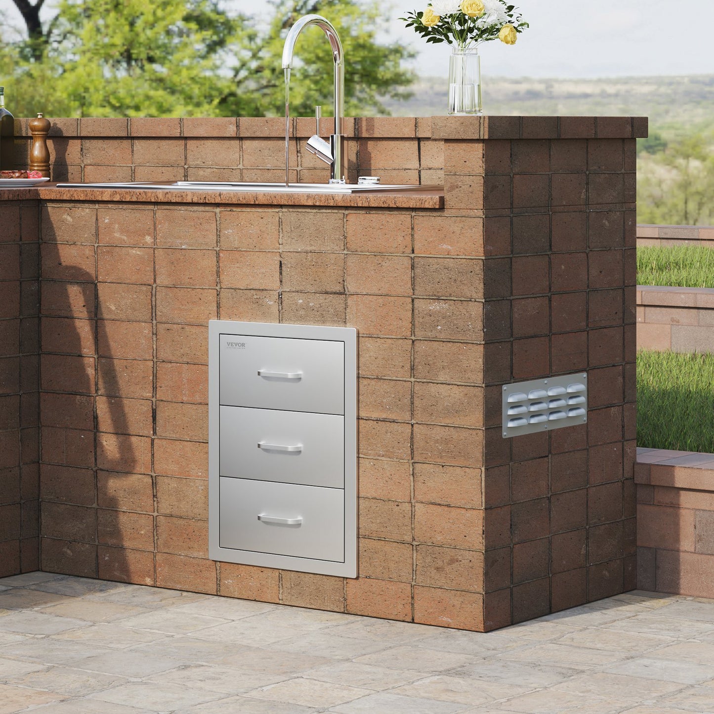 Lådor för utekök 40 cm B x 51 cm H x 46 cm D, Infällda grilllådor med trippel åtkomst och handtag i rostfritt stål, grillö för utekök eller grillö, uteplatsgrillstation