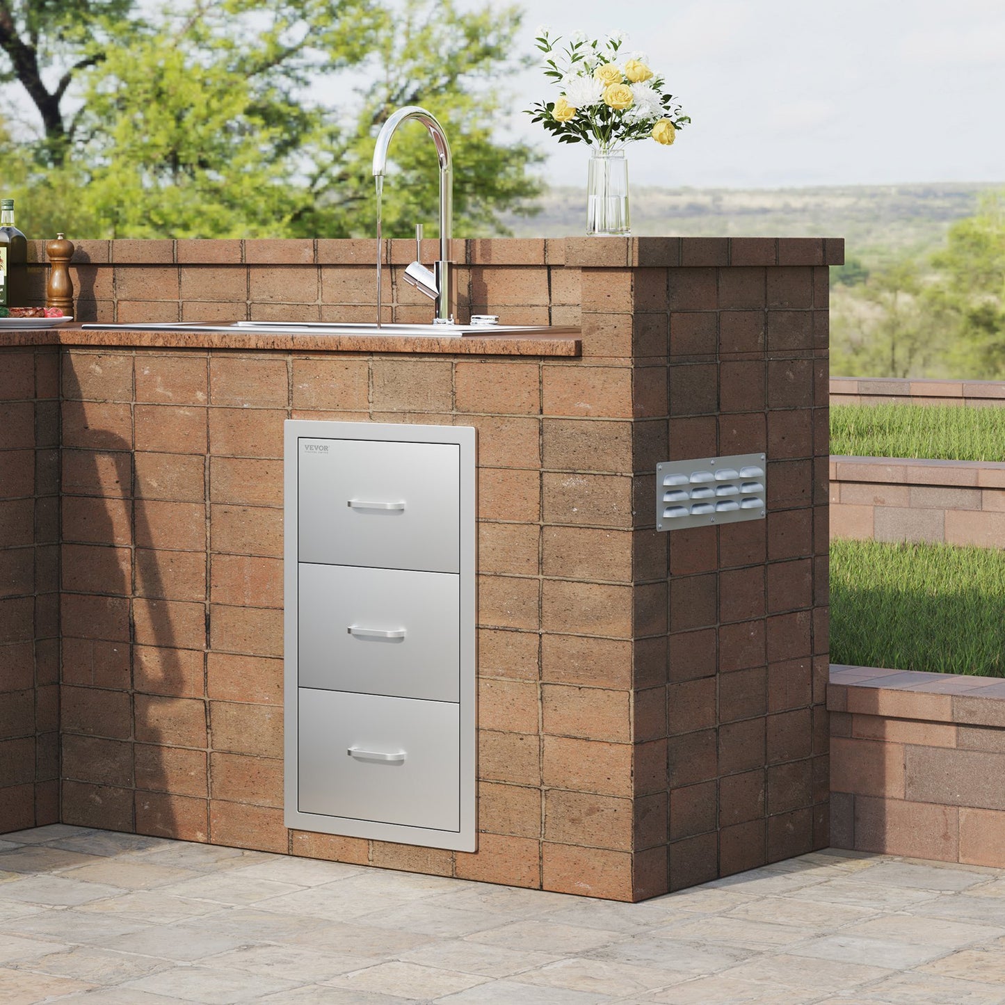 Utekökslådor 40 cm B x 74 cm H x 51 cm D, Infällda grilllådor med trippel åtkomst i rostfritt stål med handtag, grillö för utomhuskök eller uteplatsgrillstation