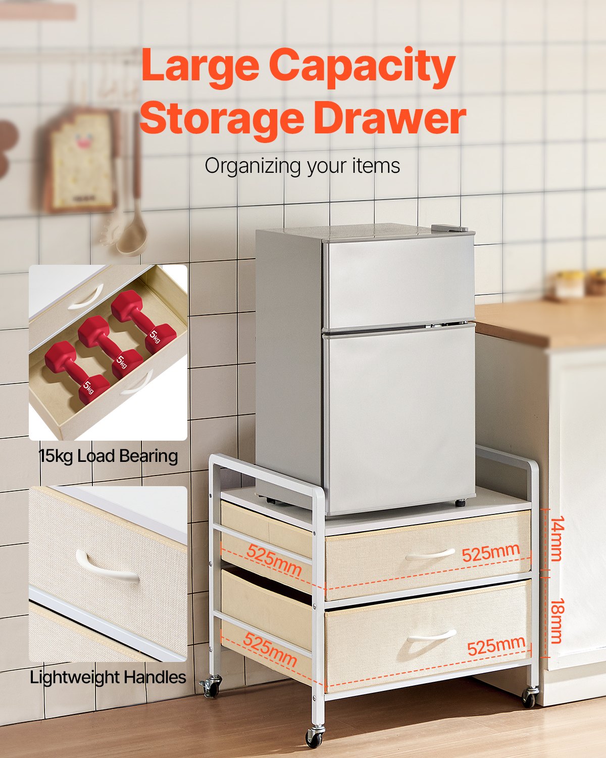 Mini Fridge Stand with Storage, 176 lb-Capacity Mini Fridge Table with 2 Drawers & 4 Swivel Wheels, Mobile Mini Fridge Shelf, White Mini Fridge Organizer for Dorm, Apartment, Office, Bedroom