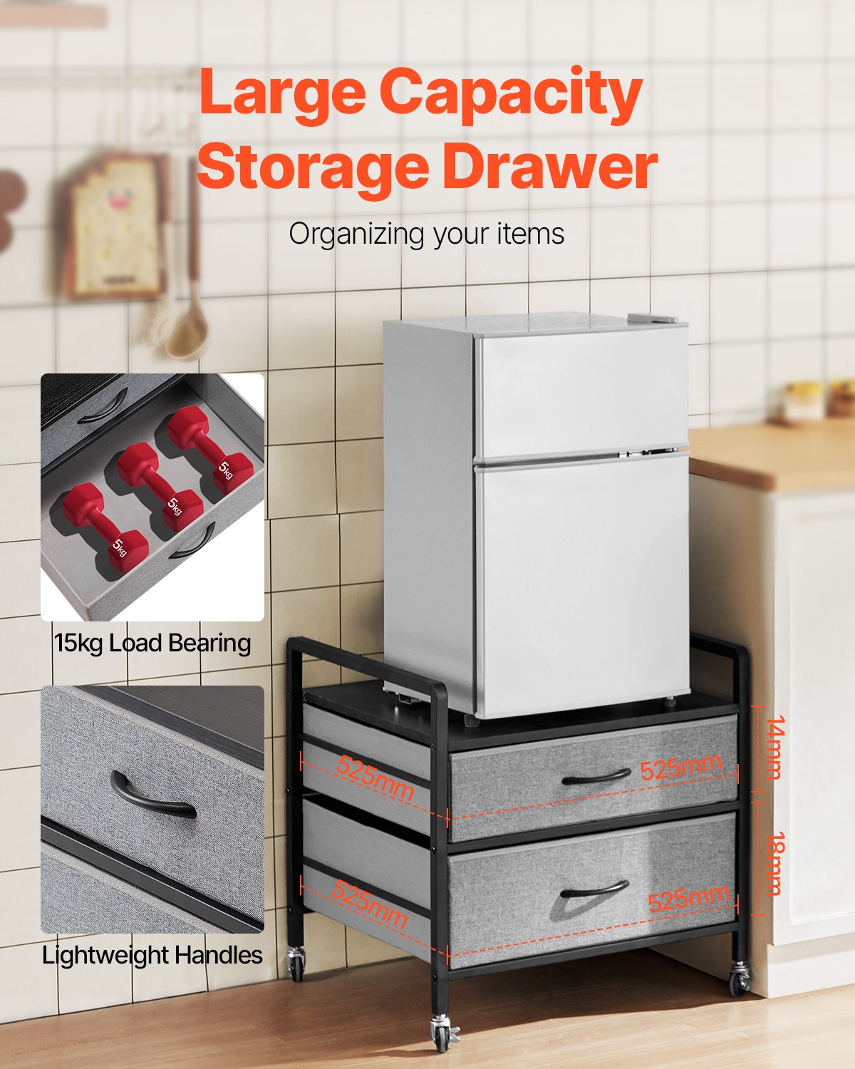 Mini Fridge Stand with Storage, 176 lb-Capacity Mini Fridge Table with 2 Drawers & 4 Swivel Wheels, Mobile Mini Fridge Shelf, Gray Mini Fridge Organizer for Dorm, Apartment, Office, Bedroom