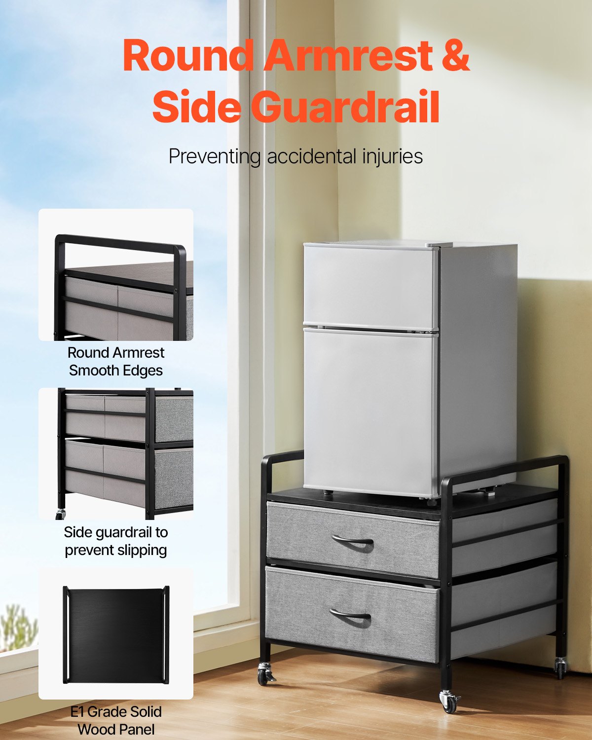 Mini Fridge Stand with Storage, 176 lb-Capacity Mini Fridge Table with 2 Drawers & 4 Swivel Wheels, Mobile Mini Fridge Shelf, Gray Mini Fridge Organizer for Dorm, Apartment, Office, Bedroom