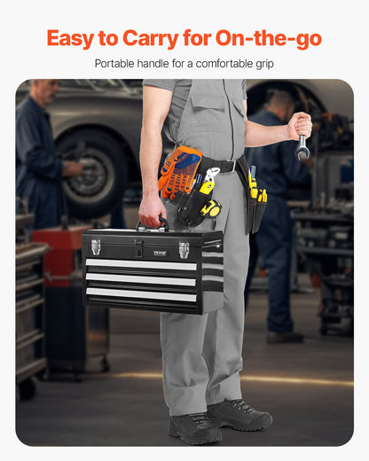 Metal Tool Box, 20.5-inch, Portable Metal Tool Box with 3 Drawers, Small Tool Chest with EVA Liners, Ball Bearing Slide Drawers Locking & Powder Coated Finish, Multi-Function Tool Organizer