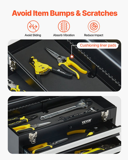 Metal Tool Box, 20.5-inch, Portable Metal Tool Box with 3 Drawers, Small Tool Chest with EVA Liners, Ball Bearing Slide Drawers Locking & Powder Coated Finish, Multi-Function Tool Organizer